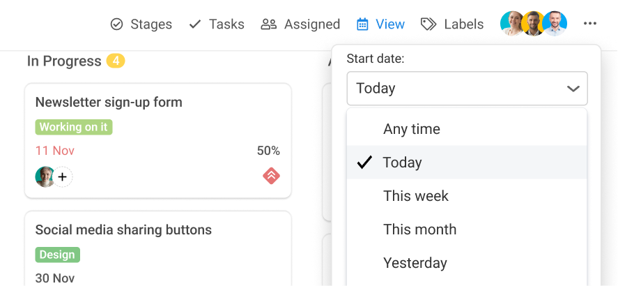 Filter your tasks by stages, labels, due date easily
