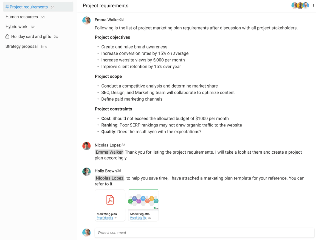 ProofHub discussion feature for team development and management